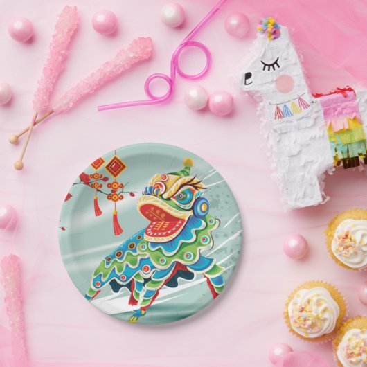 Chinese nieuwjaarsblauw leeuwen danser papieren bordje (Feest)
