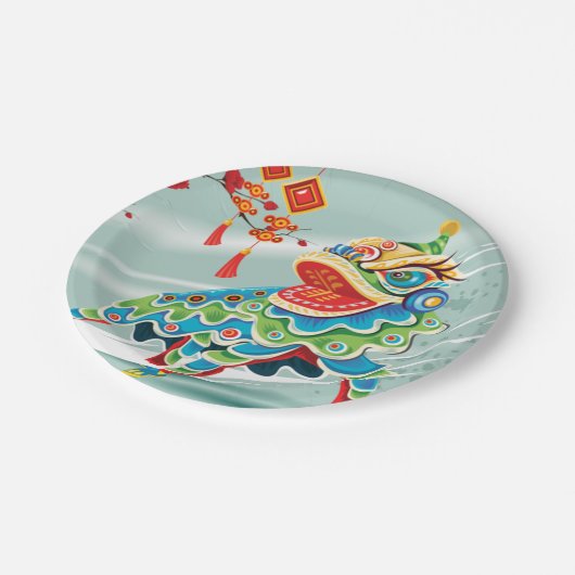 Chinese nieuwjaarsblauw leeuwen danser papieren bordje (Gekanteld)