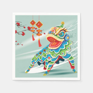 Chinese nieuwjaarsblauw leeuwen danser servet