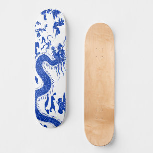 Chinese Porselein Draken Skate Deck, Blauw & Wit Skateboard