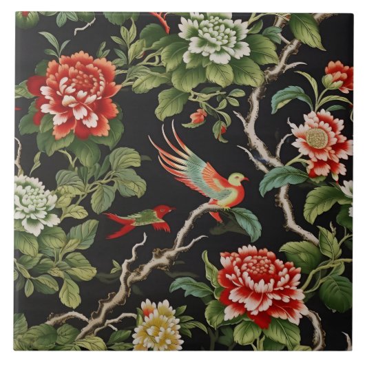 Chinese red green floral pattern tile tegeltje (Voorkant)