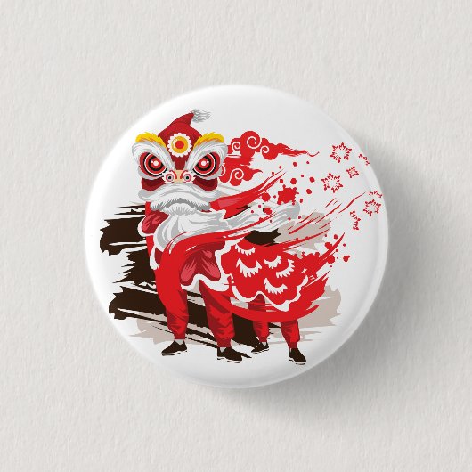 Chinese rode leeuw danser illustratie ronde button 3,2 cm (Voorkant)