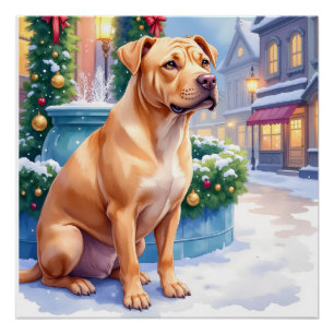 Chinese Shar-Pei Sneeuwstad Fontein Kerst Kunst Perfect Poster