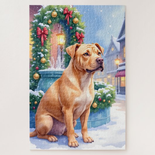 Chinese Shar-Pei Snowy Town Fountain Christmas Art Legpuzzel (Verticaal)