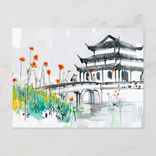Chinese tempel bij een bloeiende vijver briefkaart