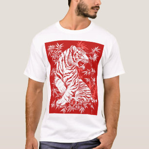 Chinese Tijger Papercut Art Print op Rode Achtergr T-shirt