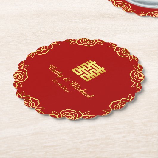 Chinese trouwbloem roos papieren knipwerk rood en kartonnen onderzetters (Gekanteld)