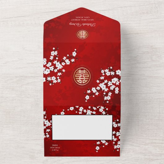 Chinese Trouwdag met Kersenbloesem All In One Uitnodiging (Buitenkant)