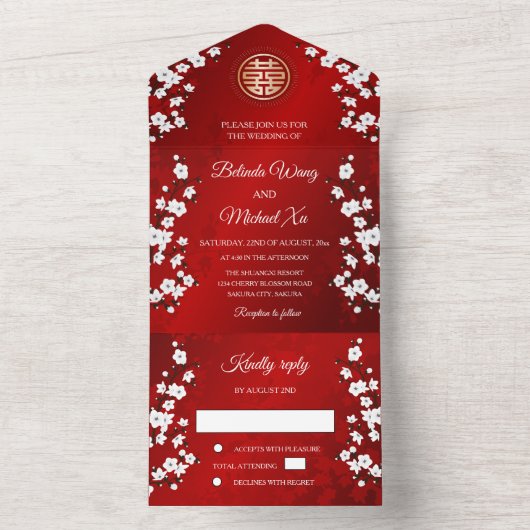Chinese Trouwdag met Kersenbloesem All In One Uitnodiging (Binnen)