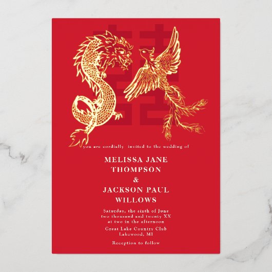 Chinese trouwerij met Gouden Draak en Phoenix Folie Uitnodiging (Voorkant)