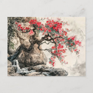 Chinese watercolor bloeiende boom in bergen briefkaart