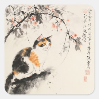Chinese waterverf - Calico cat Vierkante Sticker