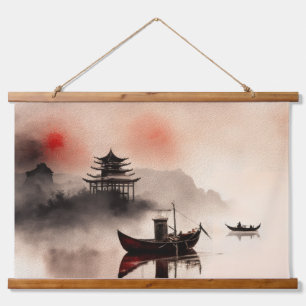 Chinese waterverf van vissersboten  hangend wandkleed