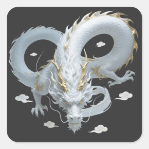 Chinese Witte Gouden Draak Kunst Fantasie Ontwerp Vierkante Sticker