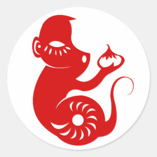 CHINESE ZODIAC PAPERCUT MONKEY ILLUSTRATION RONDE STICKER