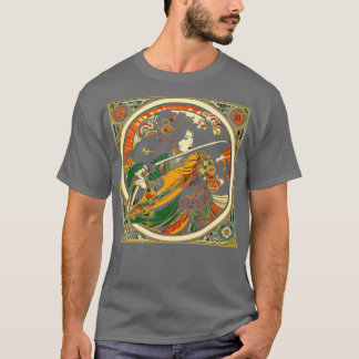 Chinese zwaardvechter in een Mucha Art Nouveau-sti T-shirt