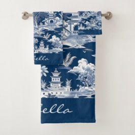 Chinoiserie Aziatisch Landschap Schilderen Blauw W Bad Handdoek