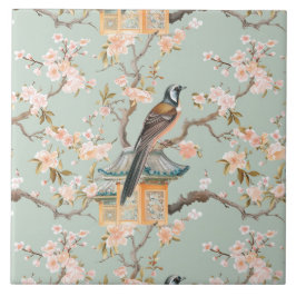 Chinoiserie Bird & Blossom Blush Sage Ceramic Tile Tegeltje