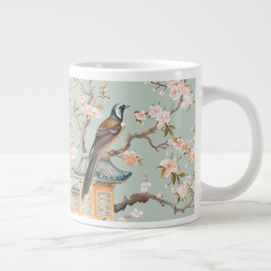 Chinoiserie Bird & Blossom Mug In Sage & Peach Extra Grote Beker (Rechts)