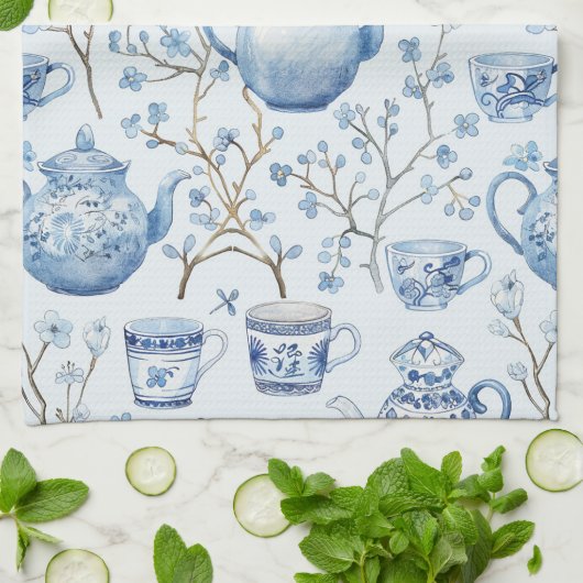 Chinoiserie Blauw Bloem Bruiloft Borrel Theedoek (Gevouwen)