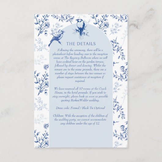 Chinoiserie Blauw Bloemen Bruiloft Details QR Code Informatiekaartje (Voorkant)