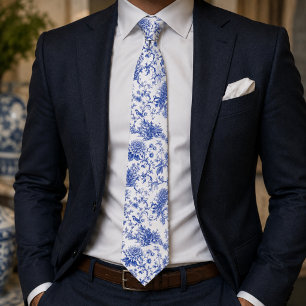 Chinoiserie Blauw en Wit Bloemmotief Vintage Pagod Stropdas