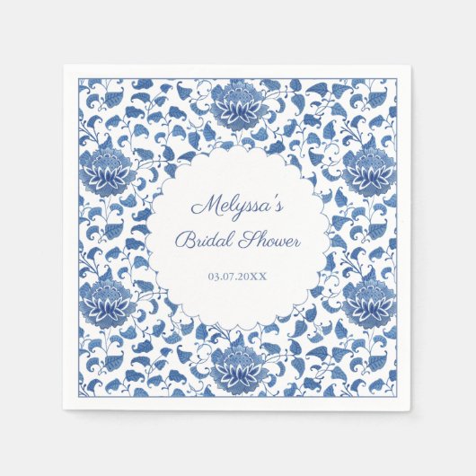Chinoiserie Blauw & Wit Bloem Bruiloft Borrel Servet (Voorkant)