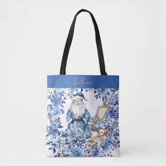 Chinoiserie Blauw Wit Bloemen Kerstman Draagtas (Voorkant)