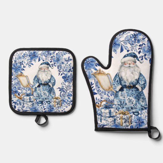 Chinoiserie Blauw Wit Bloemen Kerstman Ovenwant & Pannenlap Set (Voorkant)