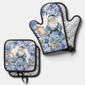 Chinoiserie Blauw Wit Bloemen Kerstman Ovenwant & Pannenlap Set (Voorkant / Achterkant)