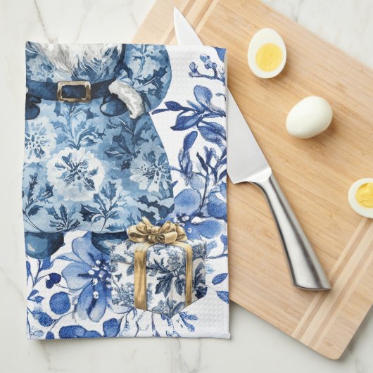 Chinoiserie Blauw Wit Bloemen Kerstman Theedoek (Quarter Fold)