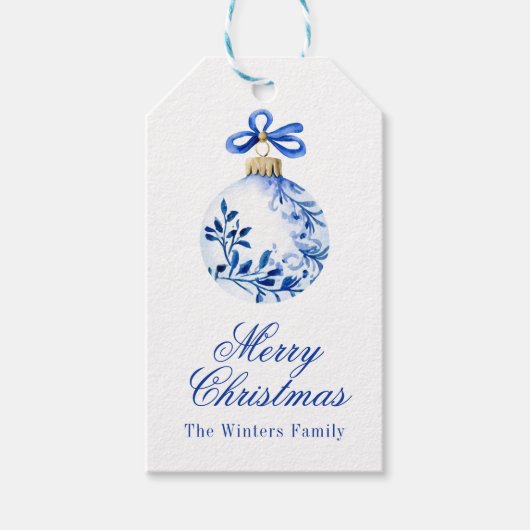 Chinoiserie Blauw & Wit Kerstornament Cadeaulabel (Voorkant)
