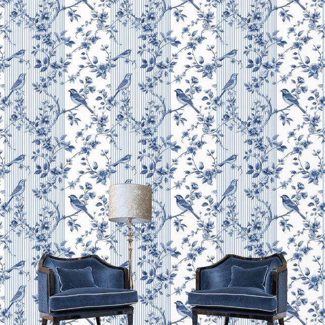  Chinoiserie Blauw Wit Vogel Bloemen Behang (Creator heeft geüpload)
