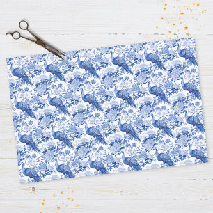 Chinoiserie Blauw Witte Bloem Motief met Pauwen Tissuepapier