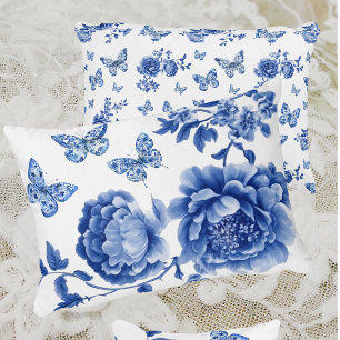 Chinoiserie Blauw Witte Vlinder Rozen Accent Kussen