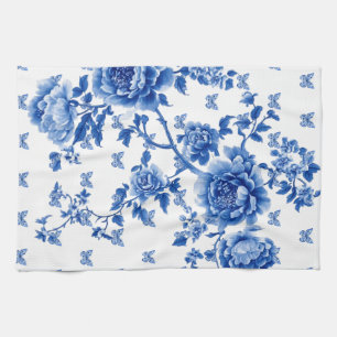 Chinoiserie Blauw Witte Vlinderrozen Theedoek