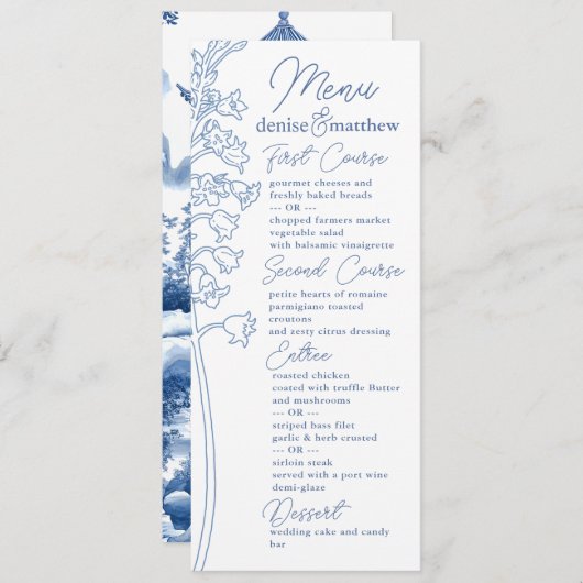Chinoiserie Blauwe Elegante Pagode en Bloementoile Menu (Voorkant / Achterkant)