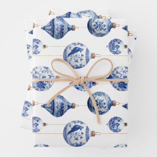 Chinoiserie Blauwe en Witte Kerst Ornamenten Inpakpapier Vel