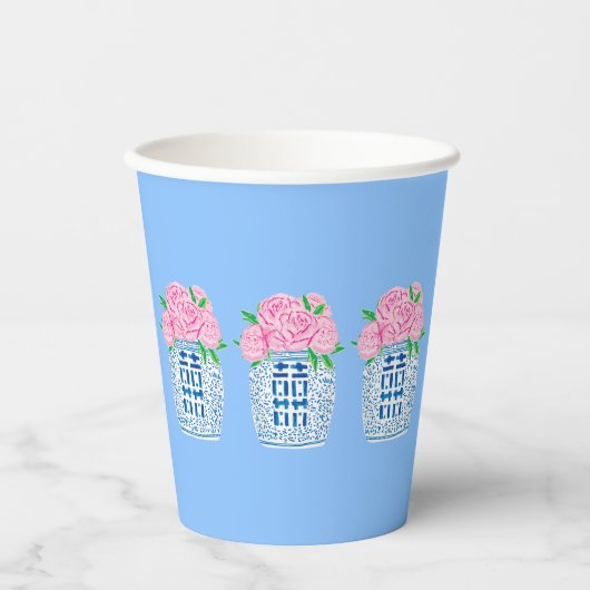 Chinoiserie Blauwe en Witte Pioen Papier Cups Papieren Bekers (Voorkant)