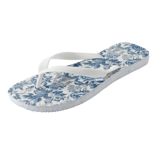 Chinoiserie Blauwe en Witte Pioenen Bloemen Teenslippers (Schuin)