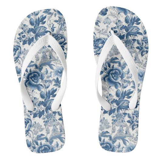 Chinoiserie Blauwe en Witte Pioenen Bloemen Teenslippers (Voetbed)