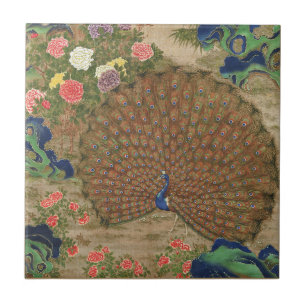 Chinoiserie Blauwe Pauw met Exotische Bloementuin Tegeltje