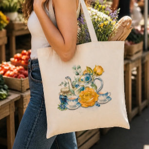 Chinoiserie Blauwe Theepot met Rozen Thee Partij Tote Bag