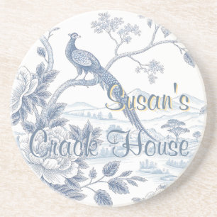 Chinoiserie Blauwe Toile Pauw Hcustom Mahjong Zandsteen Onderzetter