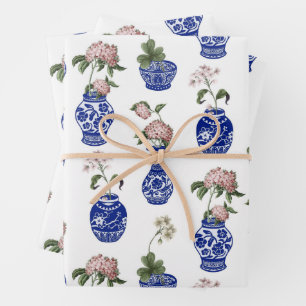 Chinoiserie blauwe vazen en bloemen inpakpapier vel