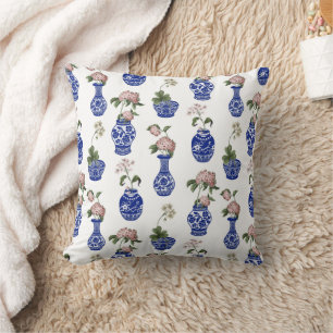 Chinoiserie blauwe vazen en bloemen kussen