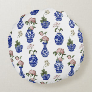 Chinoiserie blauwe vazen en bloemen rond kussen