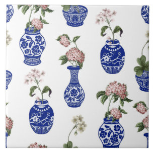 Chinoiserie blauwe vazen en bloemen  tegeltje