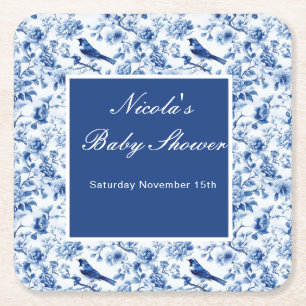 Chinoiserie Blauwe Vogels en Bloemen Baby Shower Vierkante Kartonnen Onderzetter