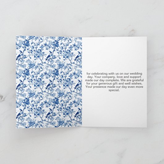 Chinoiserie Blauwe Vogels en Bloemen Bruiloft Bedankkaart (Binnen)